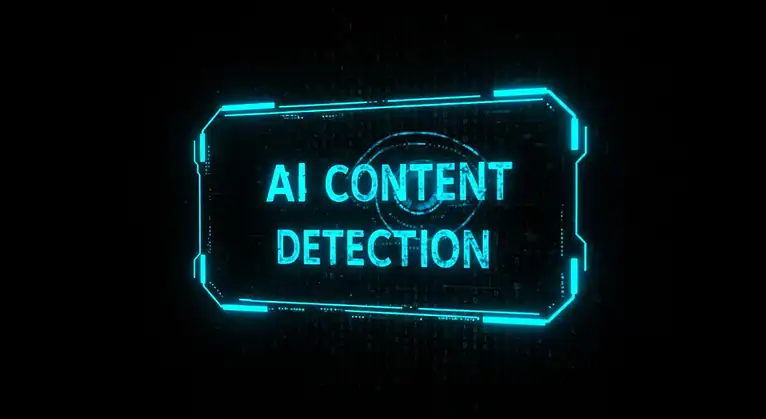 AI content detection. Neon text in futuristic frame.